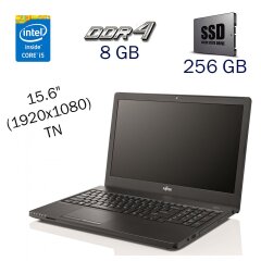 Ноутбук Б клас Fujitsu LifeBook A557 / 15.6" (1920x1080) TN / Intel Core i5-7200U (2 (4) ядра по 2.5 - 3.1 GHz) / 8 GB DDR4 / 256 GB SSD / Intel HD Graphics 620 / WebCam / Windows 10 PRO Lic