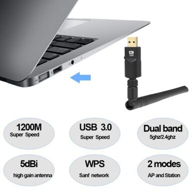 Мощный беспроводной Wi-Fi адаптер 1200Mpbs! / 802.11 a, b, g, n, ac / 2.4GHz+5GHz / USB 3.0