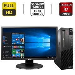 Комплект ПК: Lenovo M83 SFF / Intel Core i5-4460 (4 ядра по 3.2 - 3.4 GHz) / 16 GB DDR3 / 240 GB SSD + 500 GB HDD / AMD Radeon R7 430, 2 GB GDDR5, 128-bit / DVD-ROM + Монитор LG 24MB35PM-B / 24" (1920x1080) IPS + Клавиатура, мышка, кабели, переходник