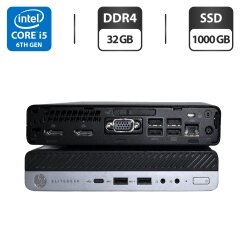 Неттоп HP EliteDesk 800 G3 Desktop Mini USFF / Intel Core i5-6500T (4 ядра по 2.5 - 3.1 GHz) / 32 GB DDR4 / 1000 GB SSD / Intel UHD Graphics 630 / Wi-Fi / Windows 11 Pro / Блок питания