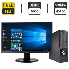 Комплект ПК: Fujitsu Esprimo E720 E90 SFF / Intel Core i5-4440 (4 ядра по 3.1 - 3.3 GHz) / 16 GB DDR3 / 480 GB SSD NEW / Intel HD Graphics 4600 + Монитор LG 24MB35PM-B / 24" (1920x1080) IPS / VGA + Клавиатура, мышка, кабели в подарок