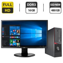 Комплект ПК: Fujitsu Esprimo E720 E90 SFF / Intel Core i3-4170 (2 (4) ядра по 3.7 GHz) / 16 GB DDR3 / 480 GB SSD NEW / Intel HD Graphics 4400 + Монитор LG 24MB35PM-B / 24" (1920x1080) IPS / VGA + Клавиатура, мышка, кабели в подарок