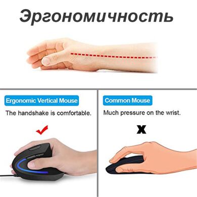 Эргономичная вертикальная мышь / 5 кнопок / 3200 dpi / USB / LED подсветка