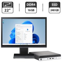 Комплект ПК: HP ProDesk 600 G3 Mini PC USFF / Intel Core i3-7100T (2 (4) ядра по 3.4 GHz) / 16 GB DDR4 / 240 GB SSD / Intel HD Graphics 630 + Монитор Б-класс 22" (1680x1050) TN / Разные бренды + Мышка, клавиатура, кабели, Windows 11 Pro