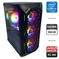 Игровой ПК 1stPlayer FireBase X6 Tower NEW / Intel Core i5-7400 (4 ядра по 3.0 - 3.5 GHz) / 16 GB DDR4 NEW / 960 GB SSD NEW / AMD Radeon RX 580, 8 GB GDDR5, 256-bit / 500W + Кабели (DVI и питания) в комплекте