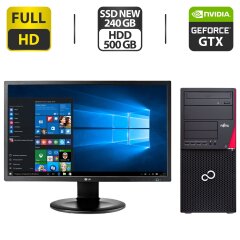 Комплект ПК: Fujitsu Esprimo P720 E90 Tower / Intel Core i5-4430 (4 ядра по 3.0 - 3.2 GHz) / 16 GB DDR3 / 480 GB SSD NEW + 500 GB HDD / nVidia GeForce GTX 1050 Ti, 4 GB GDDR5, 128-bit + Монитор LG 24MB35PM-B / 24" (1920x1080) IPS + Кабели подключения