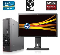 Комплект ПК: Fujitsu Esprimo E700 E90+ SFF / Intel Core i5-2400 (4 ядра по 3.1 - 3.4 GHz) / 8 GB DDR3 / 500 GB HDD / AMD Radeon HD 8490, 1 GB DDR3, 64-bit + Монитор HP ZR2240w / 22" (1920x1080) IPS / VGA, DVI, HDMI, DP, USB + Кабели, мышка и клавиатура