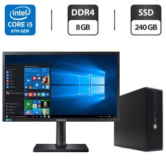 Комплект ПК: HP ProDesk 400 G3 SFF / Intel Core i5-6500T (4 ядра по 2.5 - 3.1 GHz) / 8 GB DDR3 / 240 GB SSD / Intel HD Graphics 530 + Монитор Samsung LS24E65UPLX/CI / 24" (1920x1080) PLS / VGA, HDMI, DisplayPort, Audio + Кабели в падарок