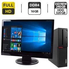 Комплект ПК: Lenovo M800 SFF / Intel Core i5-6400 (4 ядра по 2.7 - 3.3 GHz) / 16 GB DDR4 / 240 GB SSD NEW + 320 GB HDD / Intel HD Graphics 530 + Монитор Б-класс NEC LCD24WMCX / 24" (1920x1200) TN / VGA + Мышка, клавиатура, кабели, Windows 11 Pro