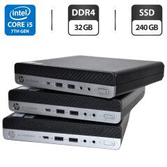 Неттоп HP EliteDesk 800 G3 Desktop Mini USFF / Intel Core i5-7500T (4 ядра по 2.7 - 3.3 GHz) / 32 GB DDR4 / 240 GB SSD / Intel UHD Graphics 630 / DisplayPort / USB Wi-Fi / Windows 11 Pro / Блок питания + Кабель с DisplayPort на VGA