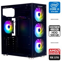 Игровой ПК ProLogix E103 Tower NEW / Intel Core i5-6500 (4 ядра по 3.2 - 3.6 GHz) / 16 GB DDR4 NEW / 480 GB SSD NEW + 500 GB HDD / AMD Radeon RX 570, 4 GB GDDR5, 256-bit / 500W NEW / HDMI + Кабели DVI и питания в комплекте