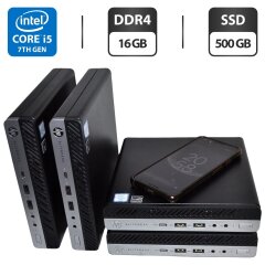Неттоп HP EliteDesk 800 G3 Desktop Mini USFF / Intel Core i5-7500T (4 ядра по 2.7 - 3.3 GHz) / 16 GB DDR4 / 500 GB SSD / Intel UHD Graphics 630 / DisplayPort / USB Wi-Fi / Windows 11 Pro / Блок питания
