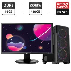 Комплект ПК: AeroCool Tower NEW / Intel Core i5-3470 (4 ядра по 3.2 - 3.6 GHz) / 16 GB DDR3 / 480 GB SSD NEW / AMD Radeon RX 570, 4 GB GDDR5, 256-bit / 500W NEW + Монитор LG 24MB35PM-B / 24" (1920x1080) IPS / VGA / DVI + Кабели подключения