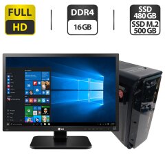 Комплект ПК: GameMax StarLight B-FRGB Black Tower / Intel Core i5-8400 (6 ядер по 2.8 - 4.0 GHz) / 16 GB DDR4 / 480 GB SSD + 500 GB SSD / nVidia P106-100, 6 GB GDDR5, 192-bit / 600W + Монитор LG 24MB37PM-B / 24" (1920x1080) IPS + Мышка, кабели подключения