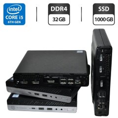 Неттоп HP EliteDesk 800 G3 Desktop Mini USFF / Intel Core i5-6500T (4 ядра по 2.5 - 3.1 GHz) / 32 GB DDR4 / 1000 GB SSD / Intel UHD Graphics 630 / DisplayPort / Windows 11 Pro / Блок питания + Переходник с DisplayPort на VGA