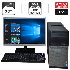 Комплект: Dell OptiPlex 9020 Tower / Intel Core i5-4570 (4 ядра по 3.2 - 3.6 GHz) / 16 GB DDR3 / 240 GB SSD + 320 GB HDD / AMD Radeon RX 550, 4 GB GDDR5, 128-bit + Монитор Б-класс 22" (1680x1050) TN / Разные бренды + Клавиатура, мышка, кабели