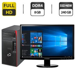 Комплект ПК: Fujitsu Esprimo P557 E85 Tower / Intel Core i3-6100 (2 (4) ядра по 3.7 GHz) / 8 GB DDR4 / 240 GB SSD / Intel HD Graphics 530 + Монитор Б-класс 24" (1920x1080) TN / VGA, DVI / Разные бренды + Клавиатура, мышка, кабели подключения