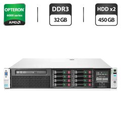 Сервер HP ProLiant DL385p G8 2U Rack / 2x AMD Opteron 6278 (16 ядер по 2.4 - 3.3 GHz) / 32 GB DDR3 / 2x 450 GB HDD (SAS) / Matrox G200 Graphics / DVD-ROM / Два блока питания 460W