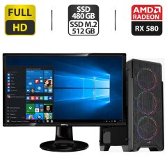Комплект ПК: AeroCool Tower / Intel Core i5-6400 (4 ядра по 2.7 - 3.3 GHz) / 16 GB DDR4 / 480 GB SSD + 512 GB SSD M.2 / AMD Radeon RX 580, 4 GB GDDR5, 256-bit + Монитор BenQ GL2460-B / 24" (1920x1080) TN / DVI, HDMI + Кабели подключения