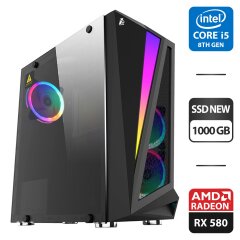 Игровой ПК 1stPlayer R5-3R1-WH Tower NEW / Intel Core i5-8500 (6 ядер по 3.0 - 4.1 GHz) / 16 GB DDR4 / 1000 GB SSD NEW / AMD Radeon RX 580, 8 GB GDDR5, 256-bit / 500W NEW / DVI