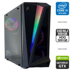 Игровой ПК 1stPlayer Rainbow R5 Tower NEW / Intel Core i5-8500 (6 ядер по 3.0 - 4.1 GHz) / 16 GB DDR4 NEW / 500 GB SSD M.2 + 500 GB HDD / nVidia GeForce GTX 1080, 8 GB GDDR5, 256-bit / 550W NEW / HDMI + DVI кабель