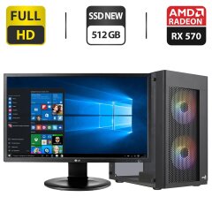 Комплект ПК: AeroCool Tower NEW / Intel Core i7-2600K (4 (8) ядра по 3.4 - 3.8 GHz) / 32 GB DDR3 / 512 GB SSD NEW / AMD Radeon RX 570, 8 GB GDDR5, 256-bit / 550W NEW + Монитор LG 24MB35PM-B / 24" (1920x1080) IPS / VGA / DVI + Кабели подключения