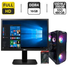 Комплект ПК: DarkFlash Aquarius Mesh Black Tower / Intel Core i5-7400 (4 ядра по 3.0 - 3.5 GHz) / 16 GB DDR4 / 250 GB SSD + 480 GB SSD / nVidia P106-100, 6 GB GDDR5, 192-bit / 300W + Монитор LG 24MB37PM-B / 24" (1920x1080) IPS + Мышка, кабели подключения