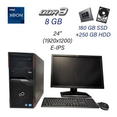Комплект ПК: Fujitsu Esprimo P710 E90+ Tower / Intel Xeon E3-1225 / 8 GB DDR3 / 180 GB SSD+250 GB HDD / AMD Radeon HD 5450, 1 GB GDDR3, 64-bit / DVD-RW + Монитор Б класс HP ZR2440w / 24" (1920x1080) E-IPS + Клавиатура и мышка + Комплект кабелей