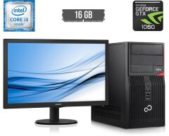 Комплект ПК: Fujitsu Tower / Intel Core i3-6100 (2 (4) ядра по 3.7 GHz) / 16 GB DDR4 / 250 GB SSD + 500 GB HDD / nVidia GeForce GTX 1060, 6 GB GDDR5, 192-bit + Монитор Philips 223V5L / 21.5" (1920x1080) TN / VGA, DVI