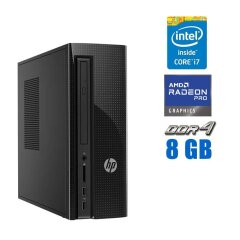 Комп'ютер HP Slimline 270-p024 SFF / Intel Core i7-7700T (4 (8) ядра по 2.9 - 3.8 GHz) / 8 GB DDR4 / 256 GB SSD M.2 + 500 GB HDD / AMD Radeon Pro WX 4100, 4 GB GDDR5, 128-bit / WiFi / Win 10 Pro Lic