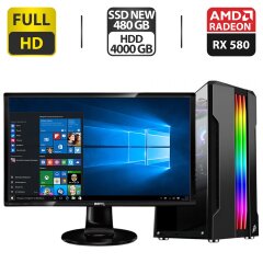 Комплект ПК: 1stPlayer Tower NEW / Intel Core i3-7100 (2 (4) ядра по 3.9 GHz) / 16 GB DDR4 / 480 GB SSD NEW + 4000 GB HDD / AMD Radeon RX 580, 4 GB GDDR5, 256-bit NEW + Монитор BenQ GL2460-B / 24" (1920x1080) TN / DVI, HDMI + Кабели подключения