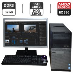 Комплект: Dell OptiPlex 9020 Tower / Intel Core i5-4570 (4 ядра по 3.2 - 3.6 GHz) / 32 GB DDR3 / 240 GB SSD + 320 GB HDD / AMD Radeon RX 550, 4 GB GDDR5, 128-bit + Монитор Б-класс 22" (1680x1050) TN / Разные бренды + Клавиатура, мышка, кабели