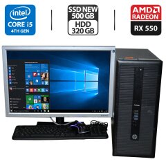 Комплект ПК: HP ProDesk 600 G1 Tower / Intel Core i5-4570 (4 ядра по 3.2 - 3.6 GHz) / 16 GB DDR3 / 500 GB SSD NEW + 320 GB HDD / AMD Radeon RX 550, 4 GB GDDR5, 128-bit NEW + Монитор Б-класс / 22" (1680x1050) + Кабели, клавиатура и мышь NEW