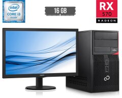 Комплект ПК: Fujitsu Tower / Intel Core i3-6100 (2 (4) ядра по 3.7 GHz) / 16 GB DDR4 / 250 GB SSD + 500 GB HDD / AMD Radeon RX 570, 4 GB GDDR5, 256-bit + Монитор Philips 223V5L / 21.5" (1920x1080) TN / VGA, DVI